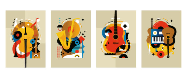 Dessins colorés d'instruments de musique (Guitare, trompette)