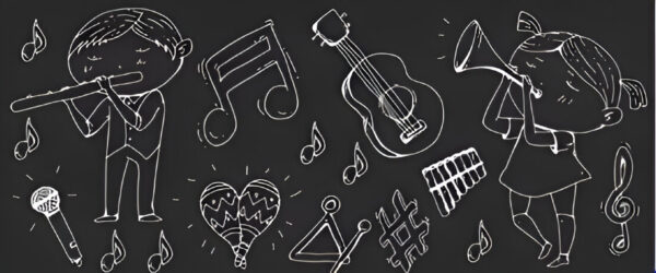 Illustration pour les onglets du SDEA. Dessin d'instruments de musiques avec des enfants qui jouent