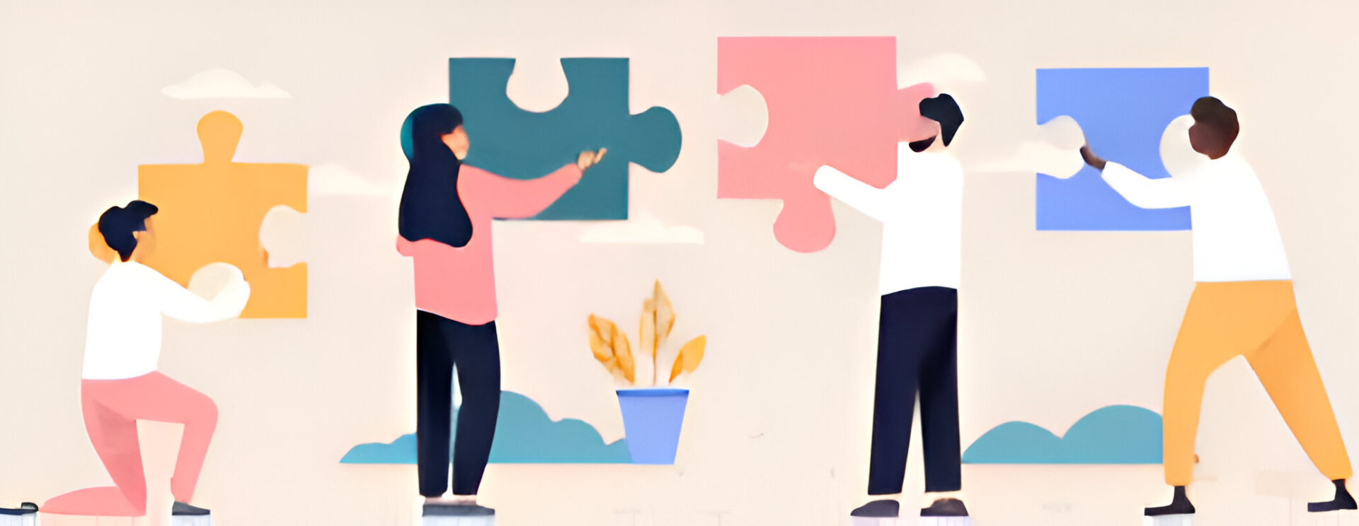 Dessin de plusieurs personnes avec des pièces de puzzle dans les mains, représentant un travail collectif