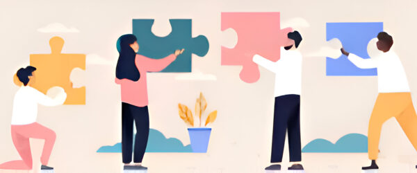 Dessin de plusieurs personnes avec des pièces de puzzle dans les mains, représentant un travail collectif